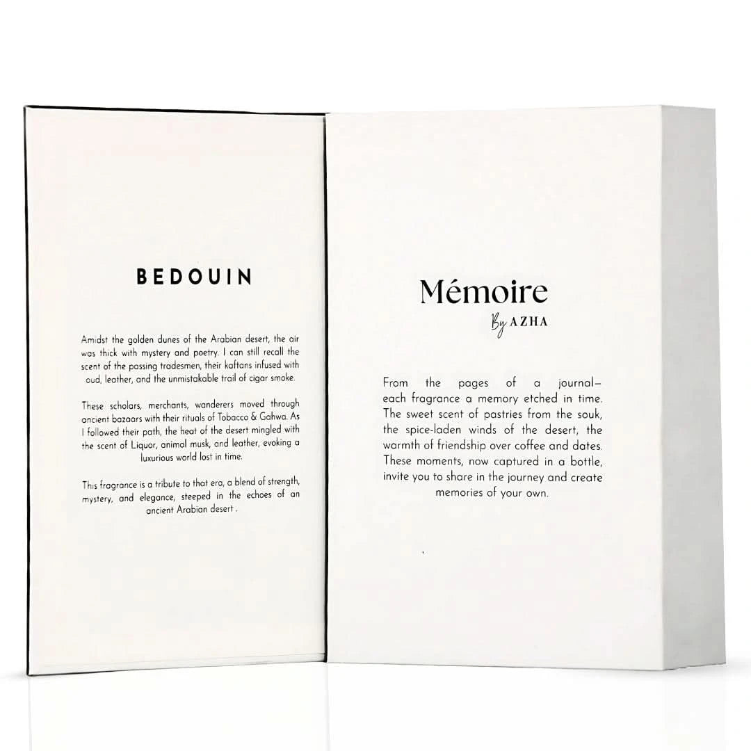 AZHA Bedouin Extrait de Parfum Spray 100ml, elegant EDP bottle from the Memoire Collection, showcasing luxurious fragrance packaging.