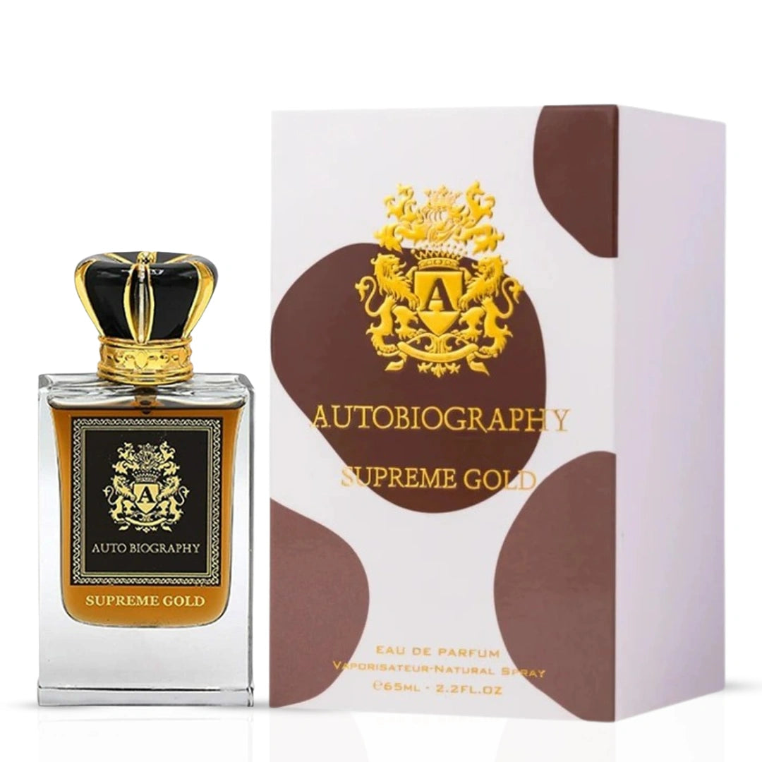 Autobiography Supreme Gold Eau de Parfum spray by Paris Corner, 65ml bottle with gold accents and elegant packaging.
