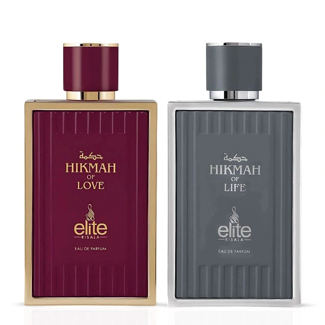 Elite Risala Hikmah of Love & Hikmah of Life Eau de Parfum bundle, 100ml spray bottles, elegant packaging, designed for fragrance lovers.