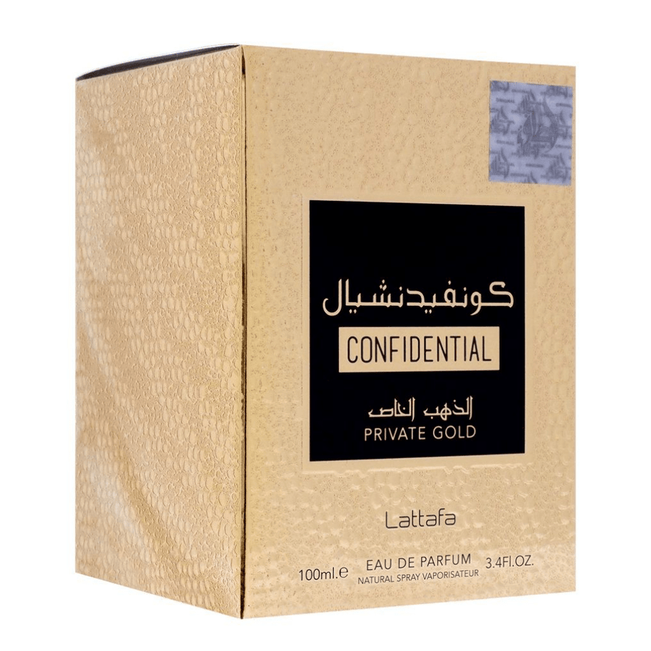 Confidential Private Gold Eau de Parfum spray by Lattafa, 100ml, featuring the elegant perfume bottle with gold accents.