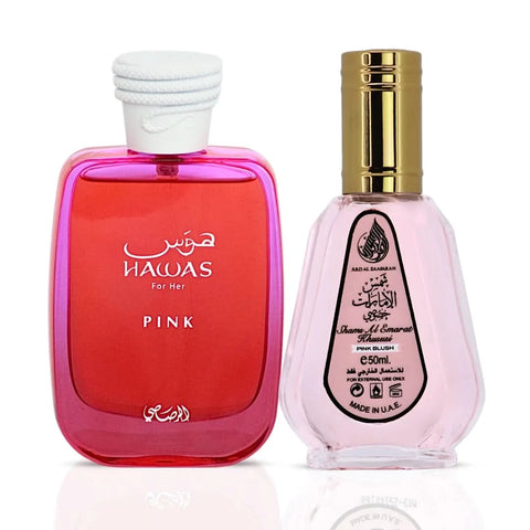 Bundle of Intense Oud Hawas Pink Eau de Parfum spray by Rasasi and Pink Blush Shams Al Emarat by Ard Al Zaafaran, showcasing elegant perfume bottles.