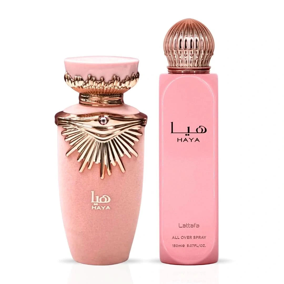 Lattafa Haya Eau de Parfum spray and all-over spray bundle, 100ml and 150ml bottles, with floral and oriental fragrance.