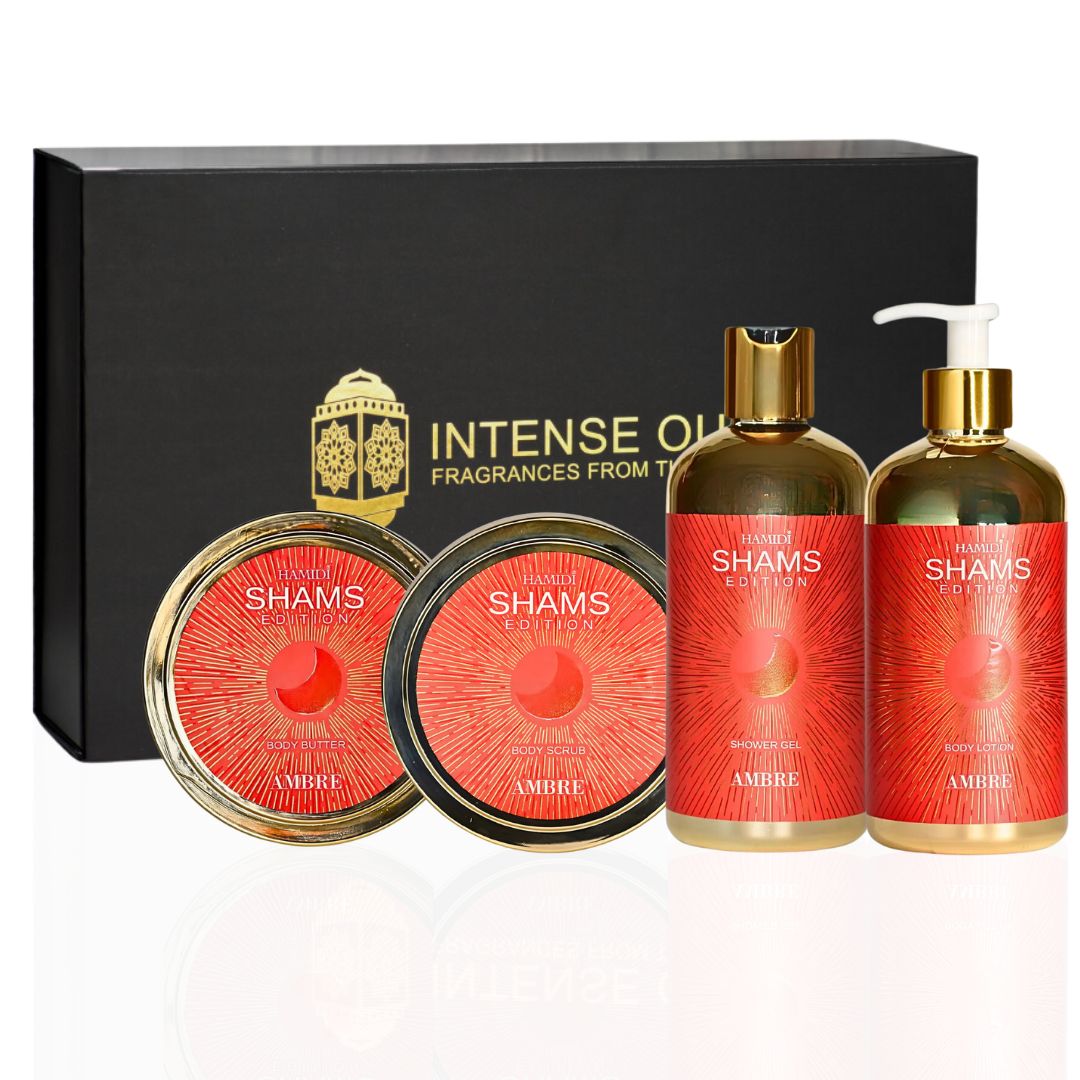 4PCS SHAMS AMBRE EDITION - Bath & Body Gift Set Magnetic Box By Hamidi | Ultra Moisturizing, Skin-Nourishing, Naturally Derived Ingredients. (PACK OF 4) - Intense Oud
