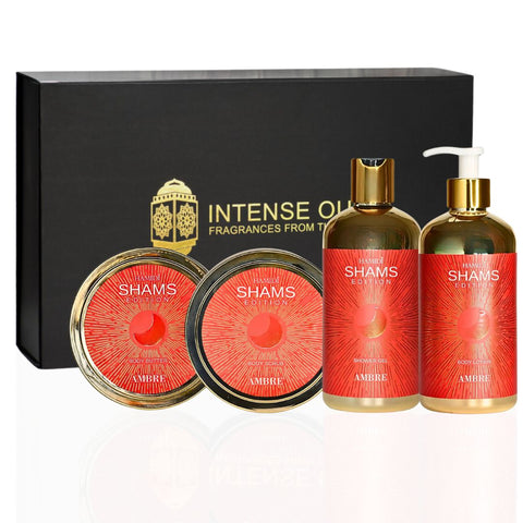 4PCS SHAMS AMBRE EDITION - Bath & Body Gift Set Magnetic Box By Hamidi | Ultra Moisturizing, Skin-Nourishing, Naturally Derived Ingredients. (PACK OF 4) - Intense Oud