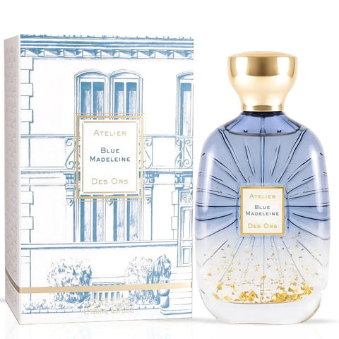 Blue Madeleine Eau de Parfum spray by Atelier Des Ores, 100ml bottle with elegant blue packaging and floral accents.