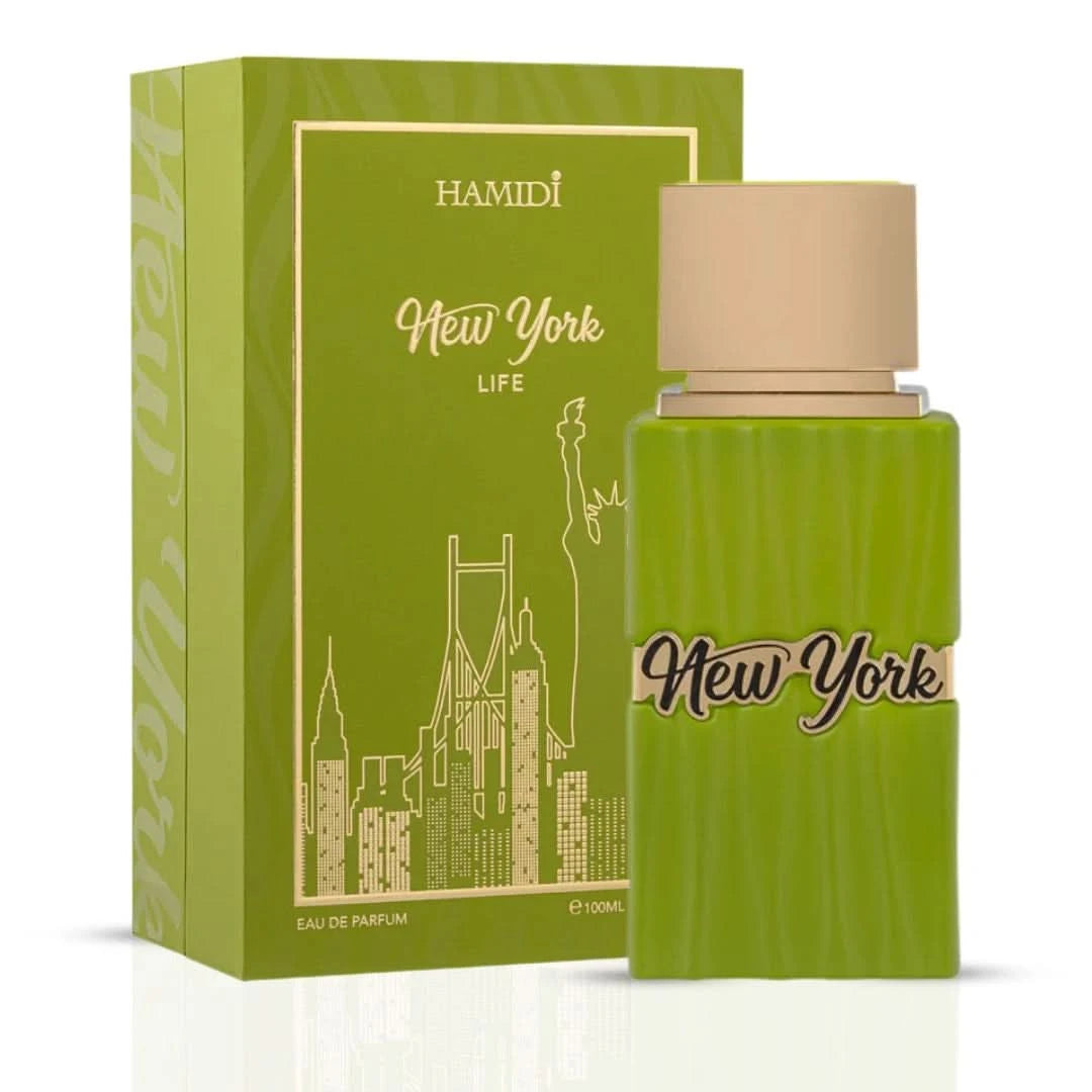 Hamidi New York Life Eau de Parfum spray 100ml bottle with elegant packaging, showcasing a luxurious fragrance.