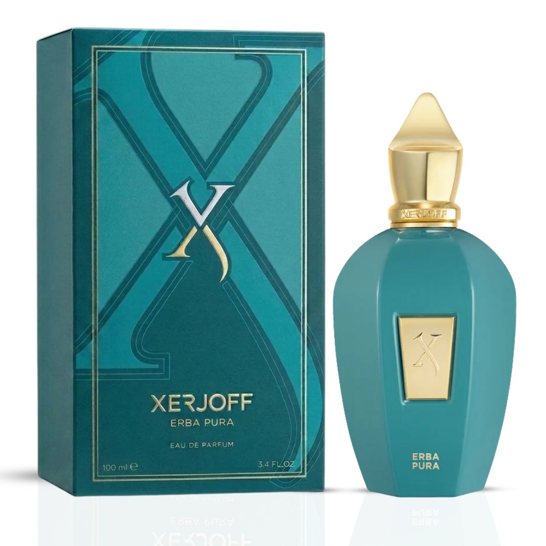 Xerjoff Erba Pura Eau de Parfum spray 100ml bottle with elegant design and clear glass display, showcasing luxurious fragrance.