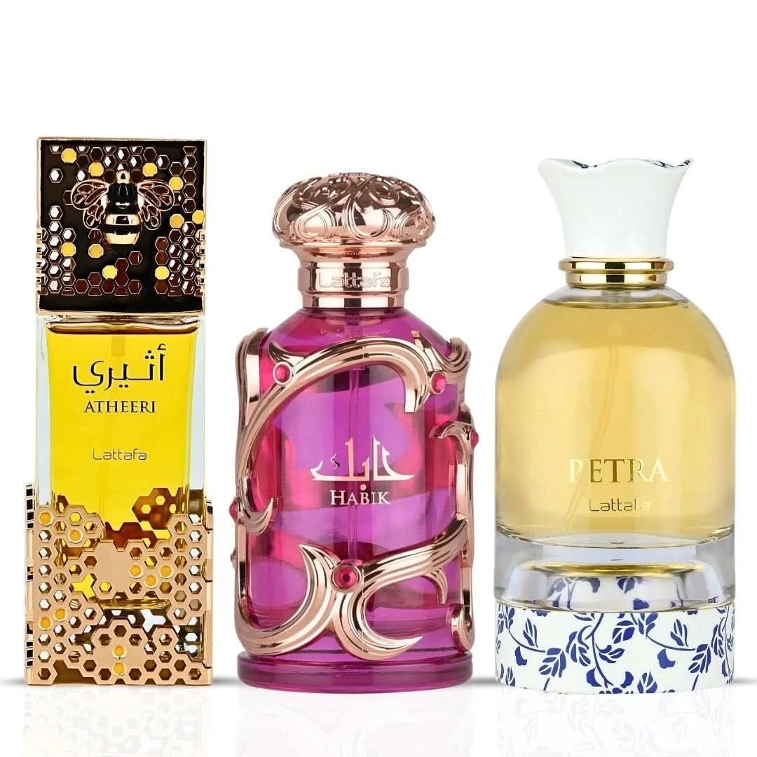 Lattafa Atheeri Habik and Petra Eau de Parfum sprays for women, 100ml bundle, featuring elegant bottles and fragrance designs.