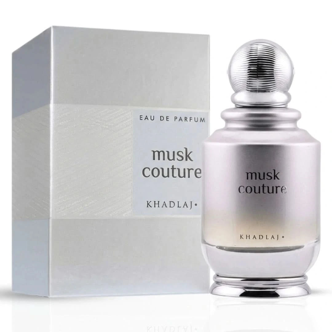 Khadlaj Musk Couture Eau de Parfum spray 100ml bottle, sleek design, and elegant packaging for women.