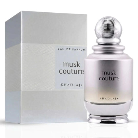 Khadlaj Musk Couture Eau de Parfum spray 100ml bottle, sleek design, and elegant packaging for women.