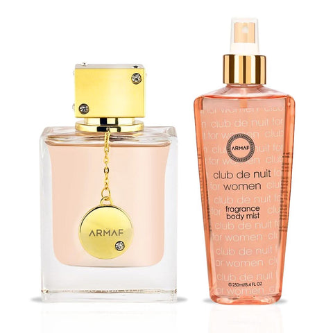 Armaf Club De Nuit Women Eau de Parfum spray and fragrance body mist, 105ml and 250ml bottles in a product bundle.