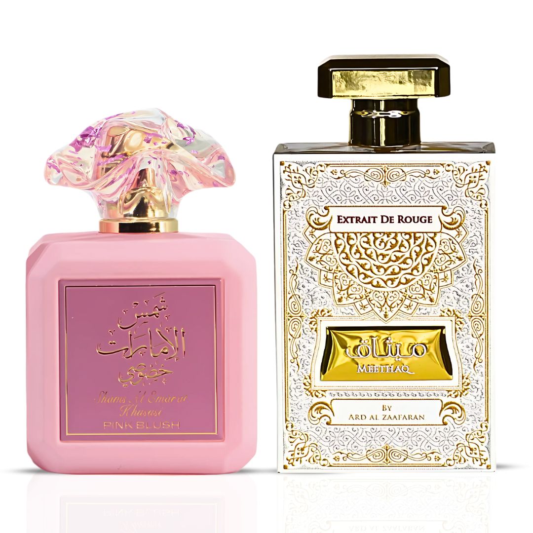 Pink Blush Shams Al Emarat Khususi & Meethaq Extrait De Rouge Eau De Parfum Sprays 100ML (3.4 OZ) by Ard Al Zaafaran | A Delightful Bundle of Sweet & Cozy Scents. (Bundle) - Intense Oud