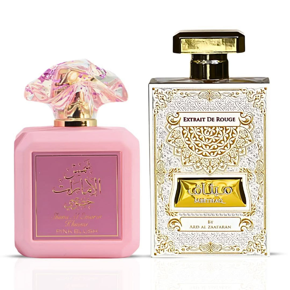 Bundle of Ard Al Zaafaran Pink Blush Shams Al Emarat Khususi and Meethaq Extrait De Rouge Eau de Parfum sprays, 100ml bottles.