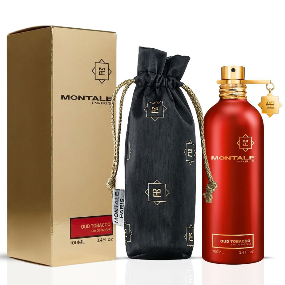 Montale Oud Tobacco Eau de Parfum spray bottle, 100ml, with elegant packaging and dark amber fragrance label visible.