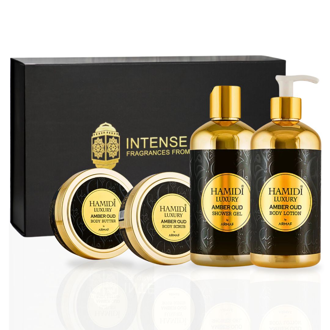 4PCS LUXURY AMBER OUD - Bath & Body Gift Set Magnetic Box By Hamidi | Ultra Moisturizing, Skin-Nourishing, Naturally Derived Ingredients. (Pack of 4) - Intense Oud