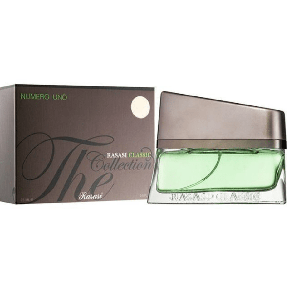 Rasasi Numero Uno for Men EDP bottle from the Classic Collection, 75 ML, featuring sleek design and branding.