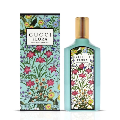 Gucci Flora Gorgeous Jasmine Eau de Parfum spray bottle with floral design, 100ml, featuring a transparent glass container and elegant cap.