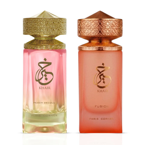 Khair Peach Delulu & Khair Fusion Eau de Parfum Sprays 100ml (3.4 oz) by Paris Corner (Bundle)