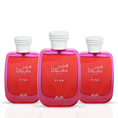 Hawas Pink for Her Eau de Parfum Spray 100ml (3.4 oz) by Rasasi (Pack of 3) - Intense Oud