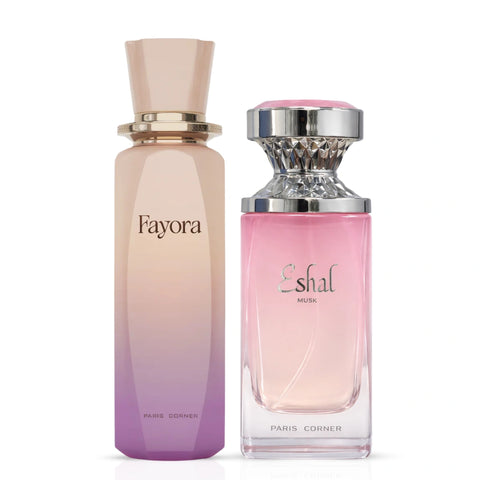 Paris Corner Eshal Musk and Fayora Eau De Parfum Spray bundle, 100ml, featuring two elegant fragrance bottles.