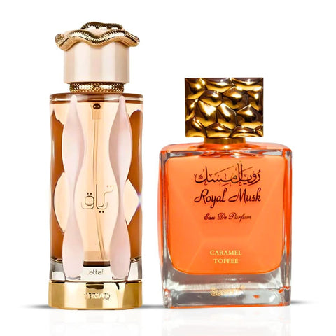 Intense Oud bundle of two 100ml Eau de Parfum sprays featuring Teriaq by Lattafa and Royal Musk Caramel Toffee by Surrati.