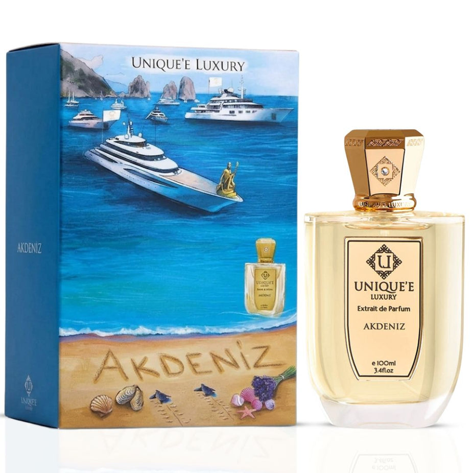 Unique'e Luxury Akdeniz Extrait de Parfum Spray 100ml bottle with elegant design, showcasing the luxury fragrance packaging
