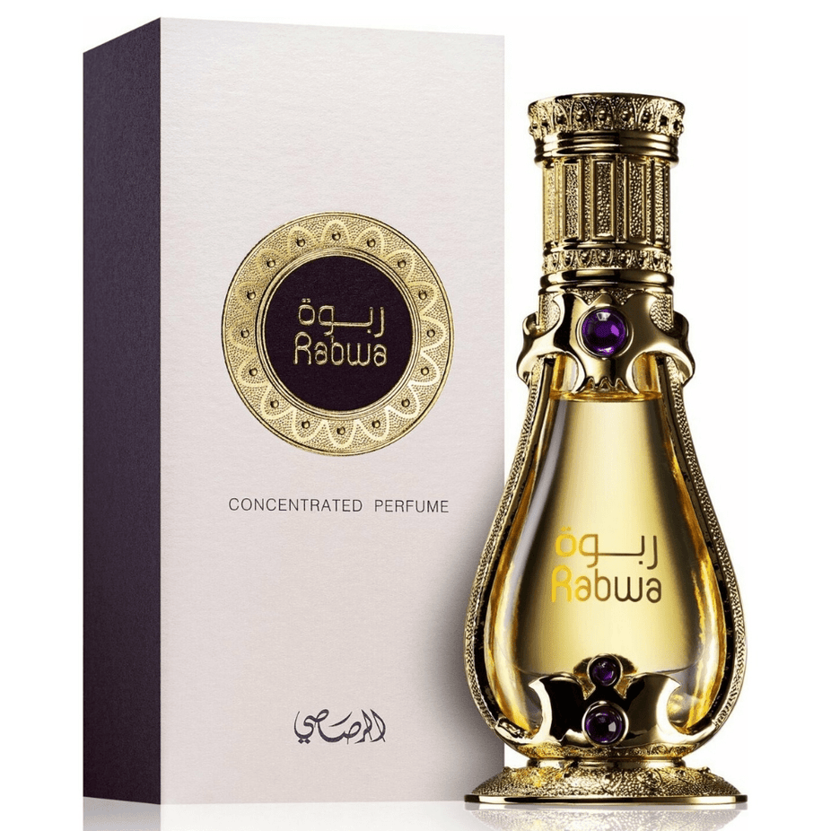 Rasasi Rabwa Perfume Oil in 19ml glass bottle, concentrated perfume oil with elegant packaging, ideal for long-lasting fragrance