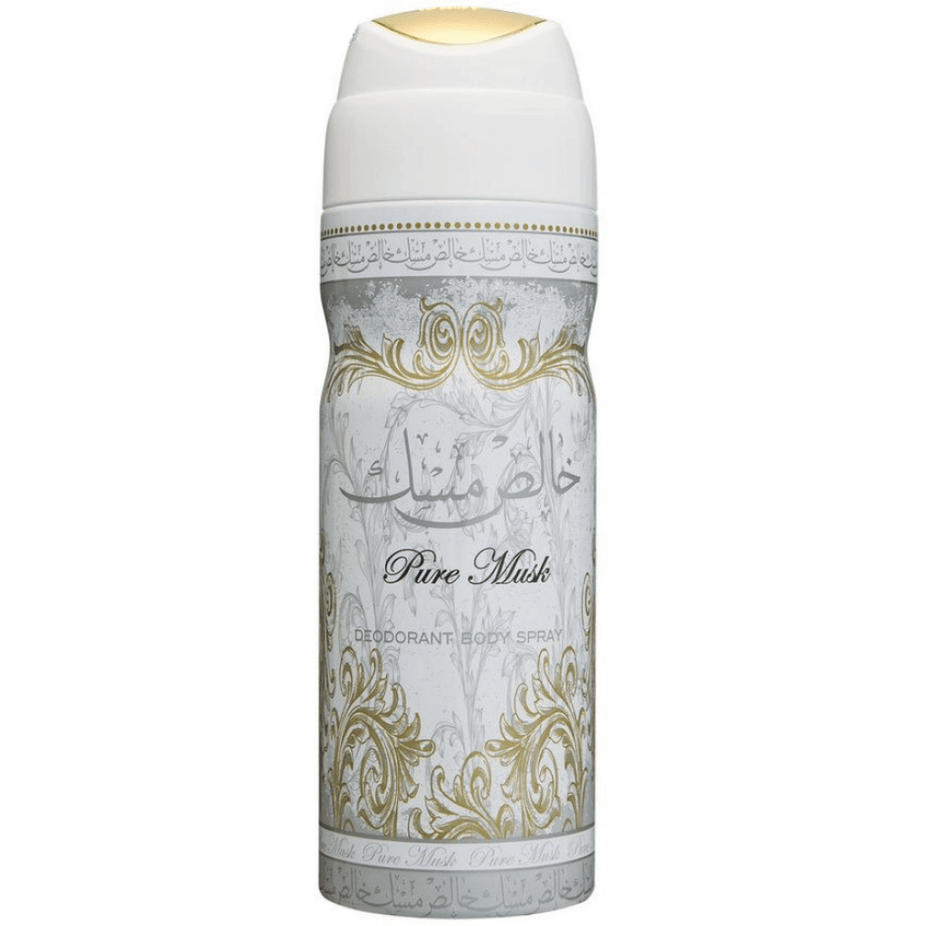 Lattafa Pure Musk deodorant spray bottle, 200ML, with sleek packaging and clean design, highlighting the fragrance and brand.