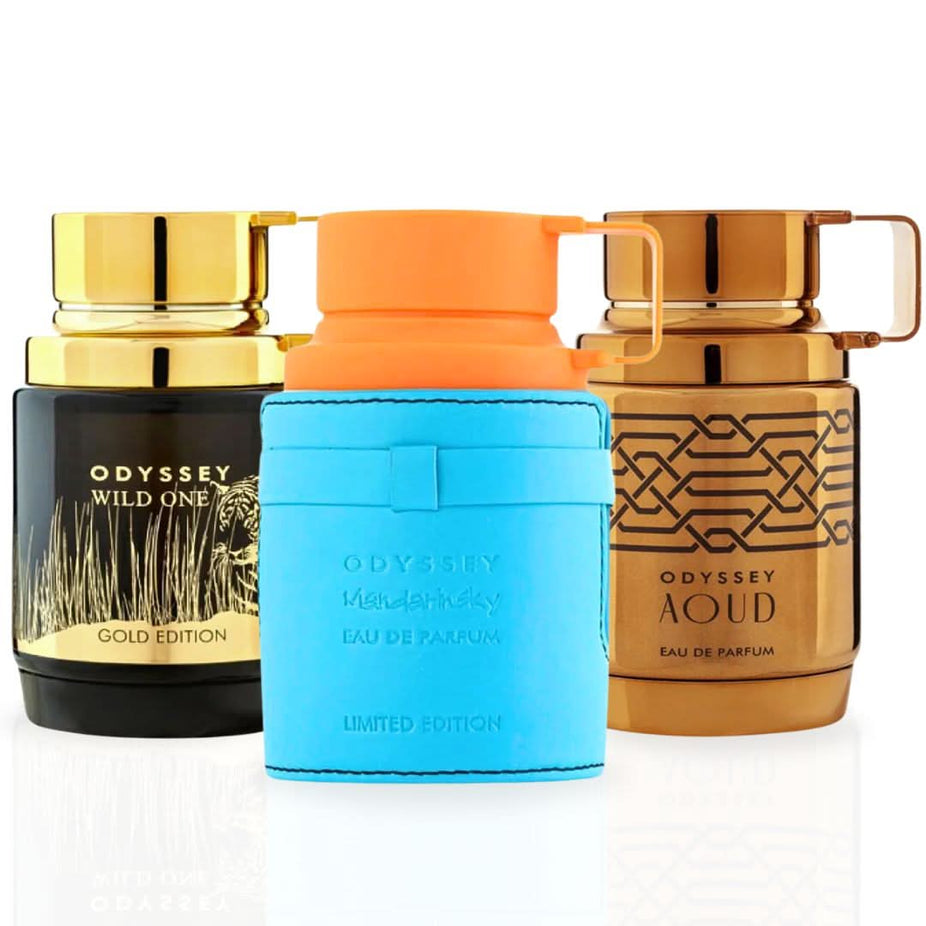 Armaf Odyssey Mandarin Sky, Aoud Edition, and Wild One Gold Edition Eau de Parfum sprays in a collection set, 100ml bottles.