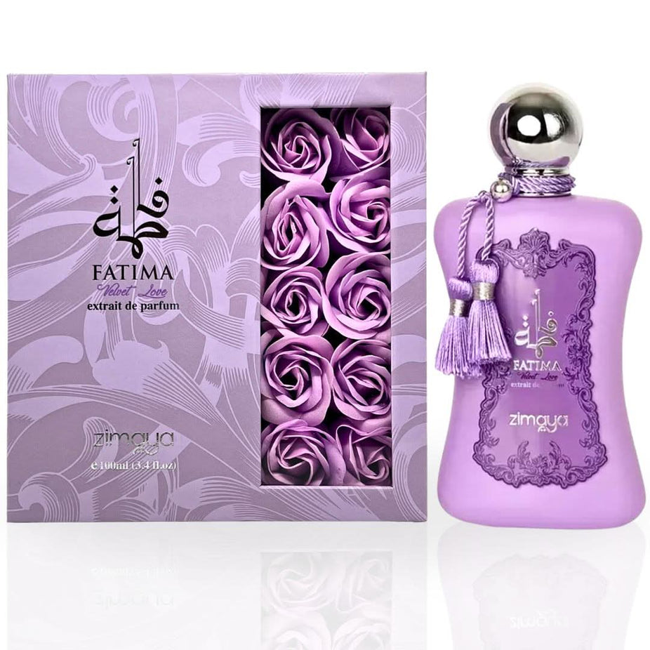 Zimaya Fatima Velvet Love EDP extrait de parfum spray bottle, 100ml, with elegant packaging and floral design.