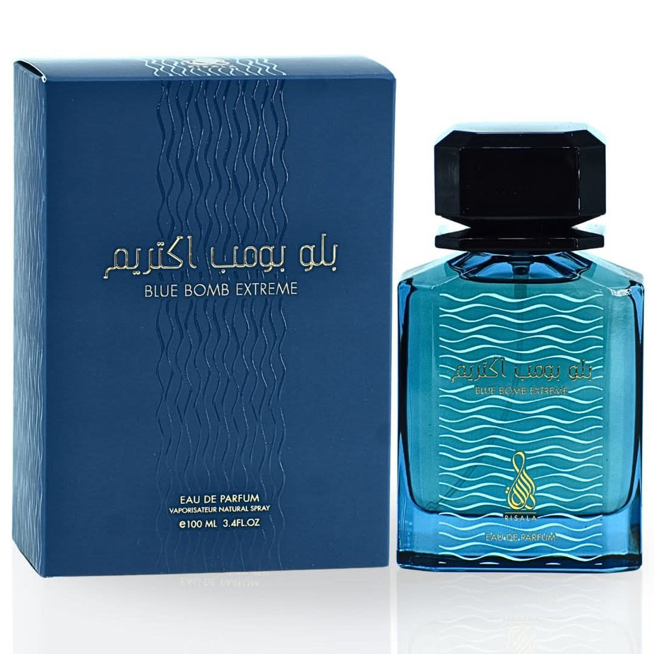 RISALA Blue Bomb Extreme EDP spray 100ml, featuring a sleek bottle with a luxurious blue design and elegant cap.
