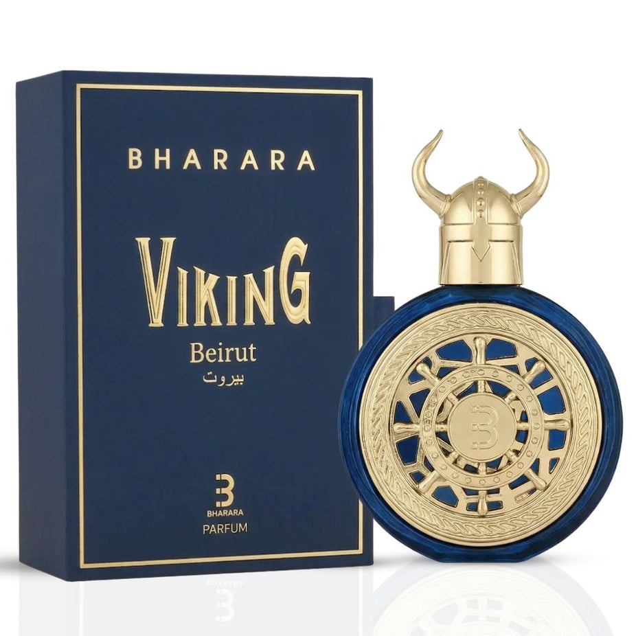 Bharara Viking Beirut Eau de Parfum spray 100ml, BHARARA fragrance bottle with modern design and black cap.