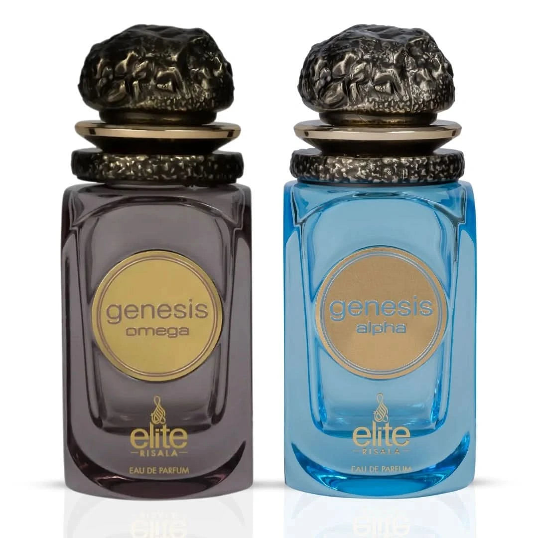 Elite Risala Genesis Omega and Alpha Eau de Parfum bundle, 100ml bottles, sleek packaging, showcasing the perfume sprays.
