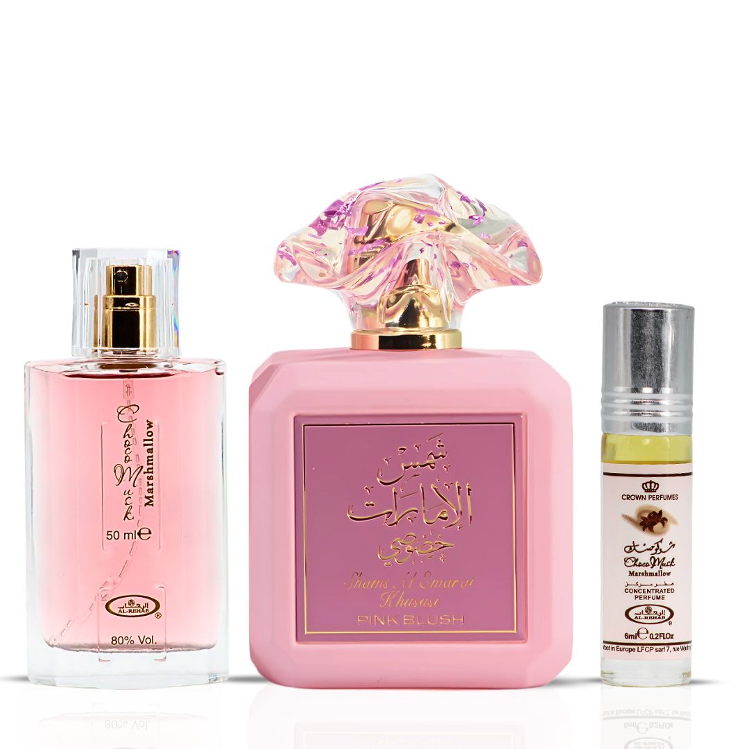 Pink Blush Eau De Parfum Spray 100ml by Ard Al Zaafaran & Choco Musk Marshmallow Eau De Parfum Spray 50ml & Perfume Roll On 6ml by Al Rehab | A Gourmand Lover's Dream Trio (Bundle) - Intense Oud