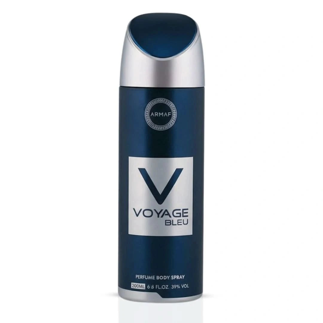Armaf Voyage Bleu deodorant spray 200ml bottle with blue and silver packaging, showcasing the product's sleek design.