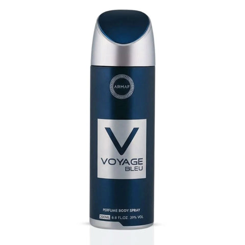 Armaf Voyage Bleu deodorant spray 200ml bottle with blue and silver packaging, showcasing the product's sleek design.