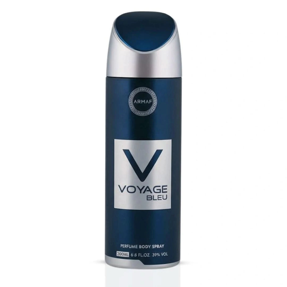 Armaf Voyage Bleu deodorant spray 200ml bottle with sleek navy blue design and silver accents, displayed upright.