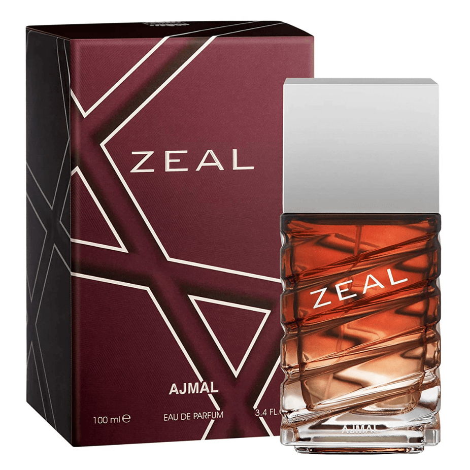 Ajmal Zeal for Men Eau De Parfum 100 ML bottle with sleek packaging and branding, showcasing the men's fragrance product.