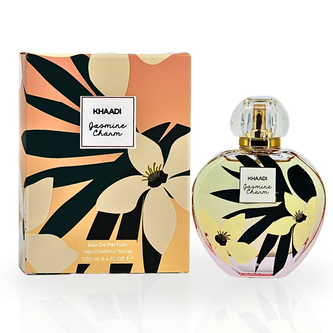 Jasmine Charm Eau de Parfum Spray by Khaadi, 100ml, featuring a sleek perfume bottle with floral jasmine design.