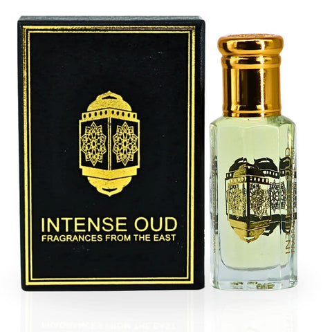 Intense Oud Black Extasy Men Perfume Oil 12ml in a black gift box, featuring a sleek, dark-colored glass bottle of loose fragrance oil.
