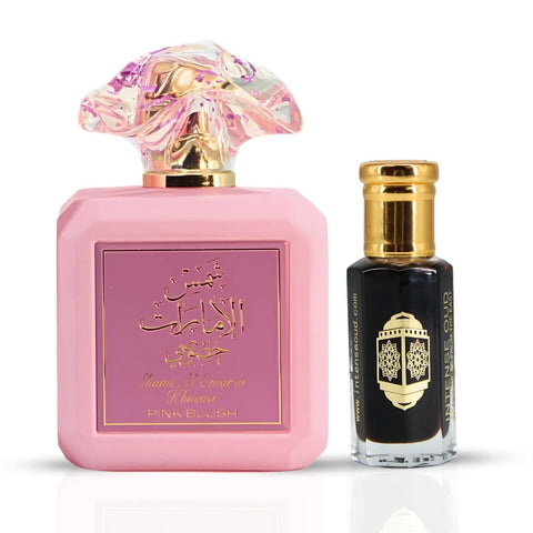 Pink Blush Eau de Parfum spray by Ard Al Zaafaran and Aphrodisiac Perfume Oil by Intense Oud in a bundle, featuring elegant bottles and packaging.