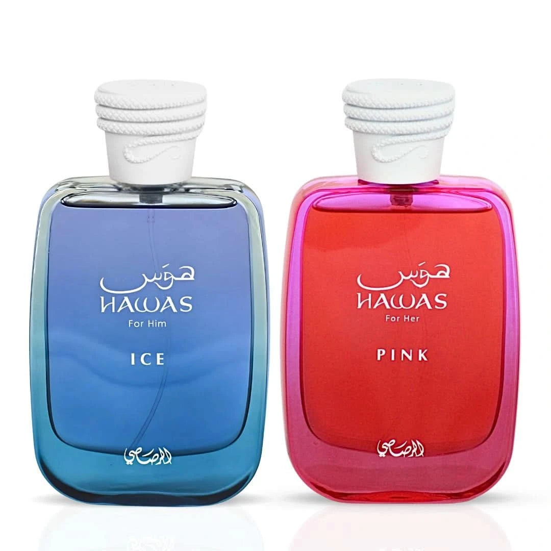 Rasasi Hawas Ice for Him and Hawas Pink for Her 100ml perfume spray bundle, featuring stylish bottles of men's and women's fragrances