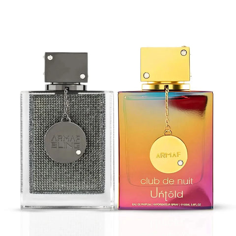 Armaf Club De Nuit Untold 105ml and Club de Nuit Bling 75ml Eau de Parfum spray bundle, showing the perfume bottles and packaging.