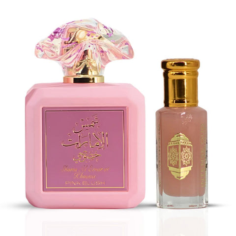 Pink Blush Eau de Parfum spray by Ard Al Zaafaran and Pink Musk perfume oil by Intense Oud in a bundled set, showing the bottles.