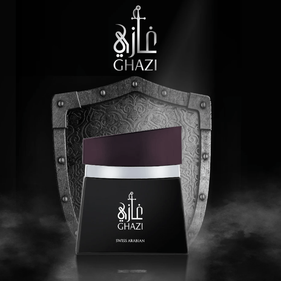 Swiss Arabian Ghazi for Men EDP 100ML bottle, elegant glass container with black cap, showcasing the men's fragrance product.