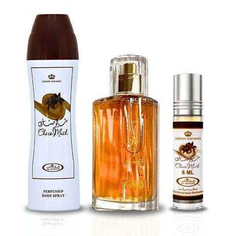 Choco Musk Perfumed Body Spray 200ml, Eau de Parfum Spray 50ml & Roll-On 6ml by Al Rehab | A Decadent Scent Bundle Featuring Vanilla & Chocolate for a Sweet Scent Experience (Bundle) - Intense Oud