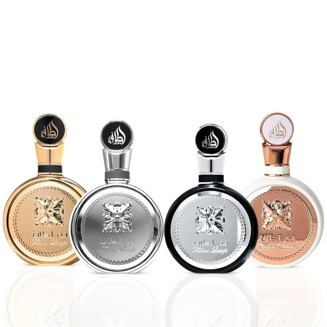 Lattafa Fakhar Eau de Parfum bundle featuring Fakhar Men, Women, Gold Extrait, and Platin 100ml spray bottles.