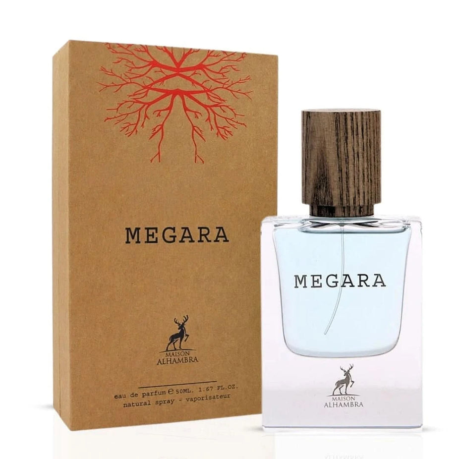 Maison Alhambra Megara Eau de Parfum spray 50ml bottle, elegant fragrance design and branding visible in the image.
