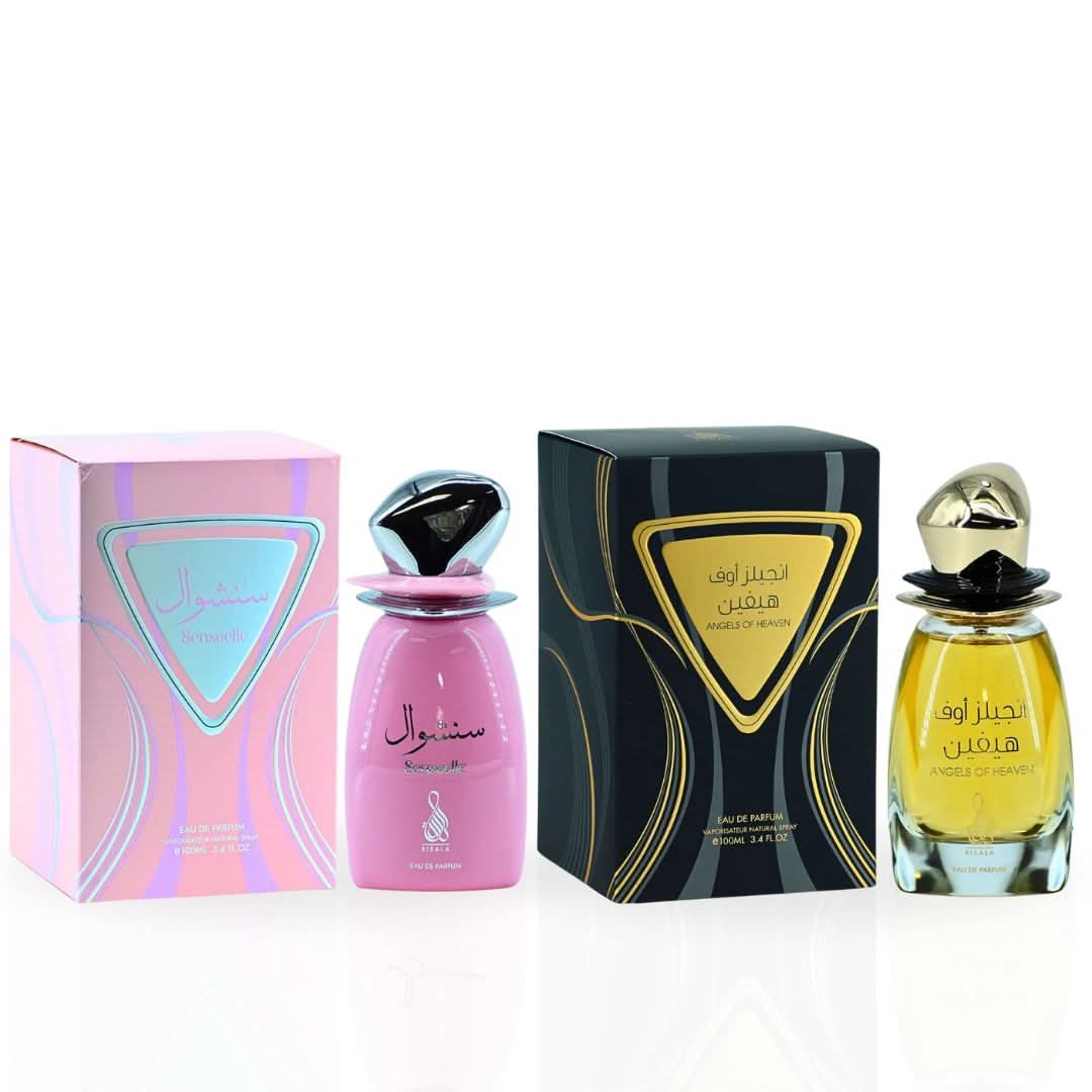 Bundle of two RISALA Sensuelle & Angels of Heaven Eau de Parfum sprays, 100ml each, featuring elegant fragrance bottles.
