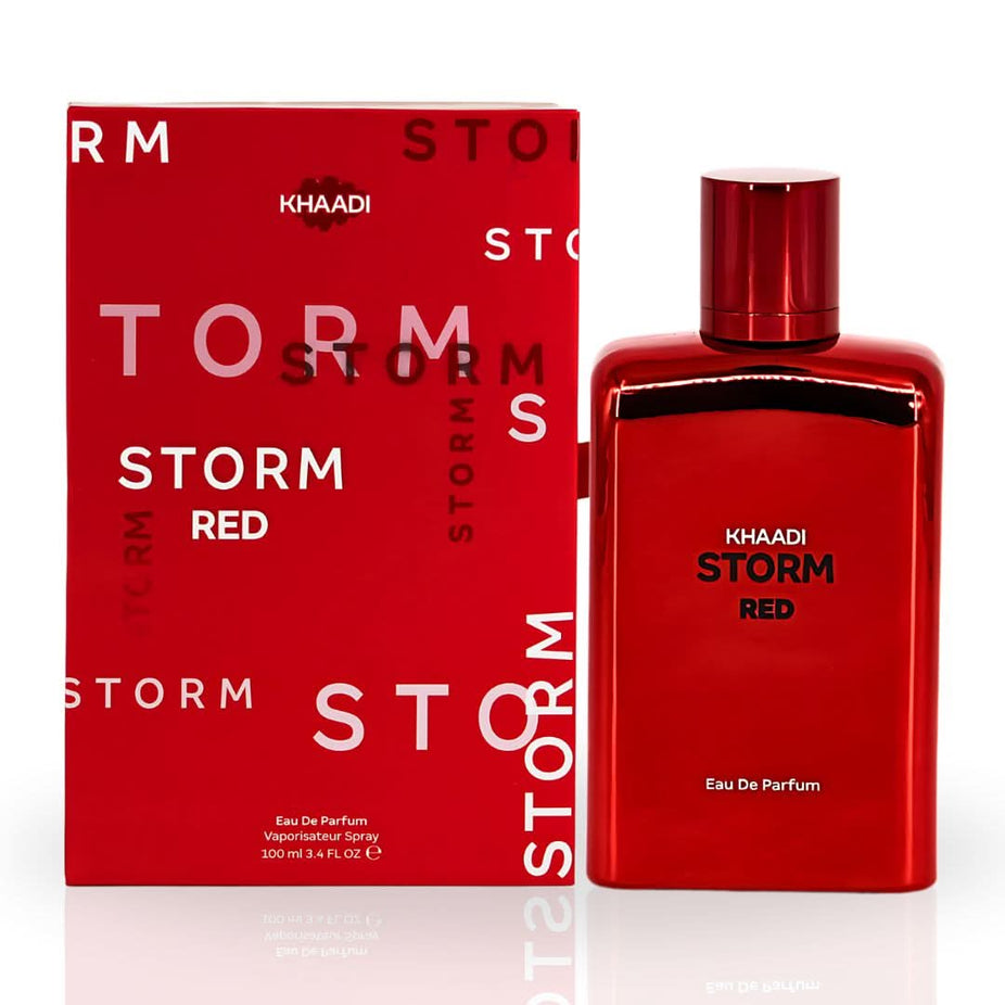 Khaadi Storm Red Eau de Parfum spray 100ml bottle with sleek red and black packaging and elegant design.